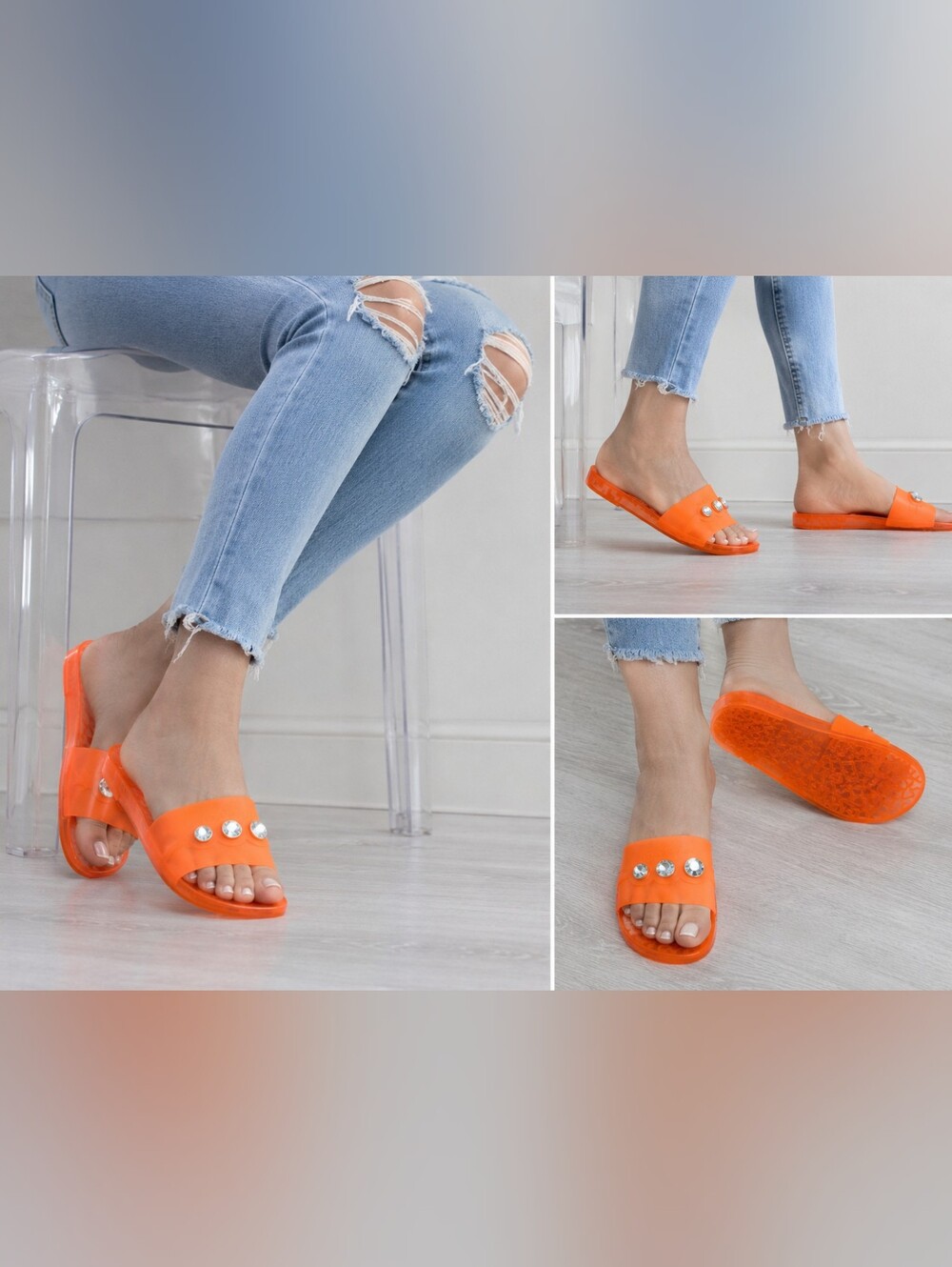 Karl Lagerfeld Paris Toni Jelly Slides Neon Orange Rhinestone Sandals